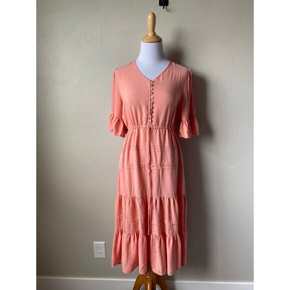 Sweet Salt Salmon Colored Tie Waist Tiered Midi Dress- Size 12 - Picture 4 of 6